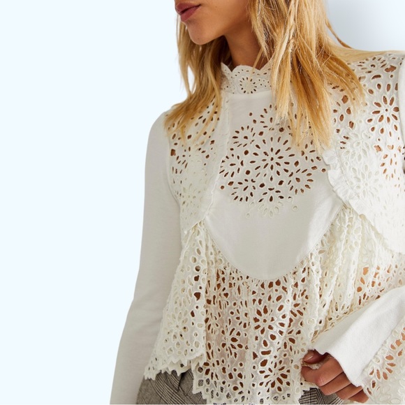 New Free People Brittany Eyelet Lace S & Lg Off White Mock Neck Bell Sleeve Boho